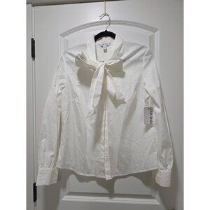 Nine West Womens White Button-Down Shirt With Bow Detail L